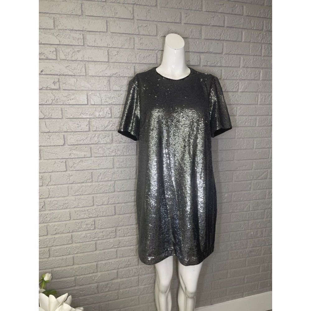 LAUREN Ralph Lauren Metallic Silver Short Sleeve Sequin Shift Dress Size 12